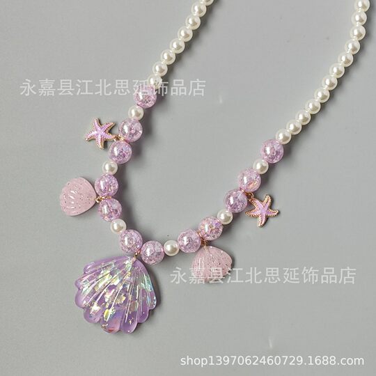 Cartoon Fresh Children's Pearl Mermaid Large Shell Oil Dropping Starfish Pendant Baby Princess Sweater Chain Necklace Jewelry