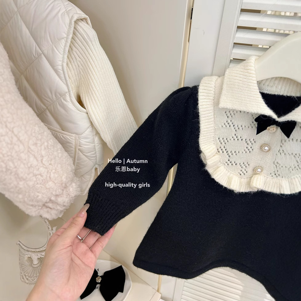 [Leen Kids] Otoño e invierno para niñas nuevo vestido de fragancia pequeña negra falda de punto de estilo occidental falda de princesa de moda