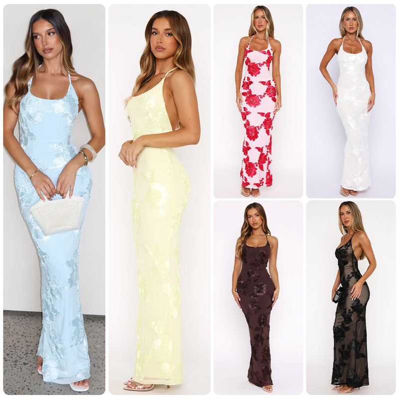 European and American Foreign Trade 2026 Summer New Style Three-Dimensional Embroidered Floral Halter Neck Gown Slim Long Dress Wedding Banquet Dress