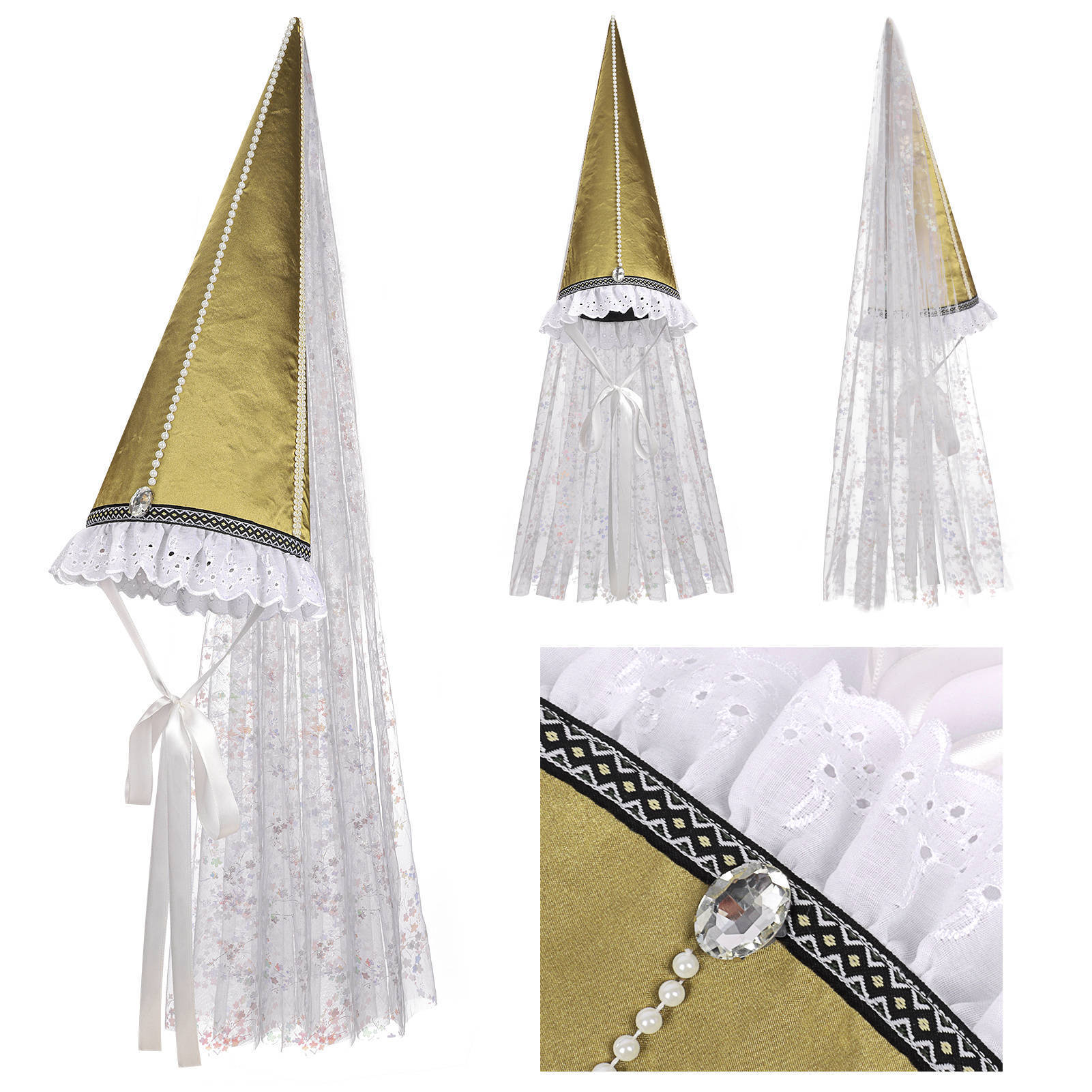 Medieval Renaissance Enin Conical Veil Hat Halloween Witch Clown Retro Court COS Headwear
