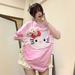 ネット赤同金ハローキティかわいい植毛半袖tシャツゆるいデザイン蝶ネクタイカップル上着潮夏