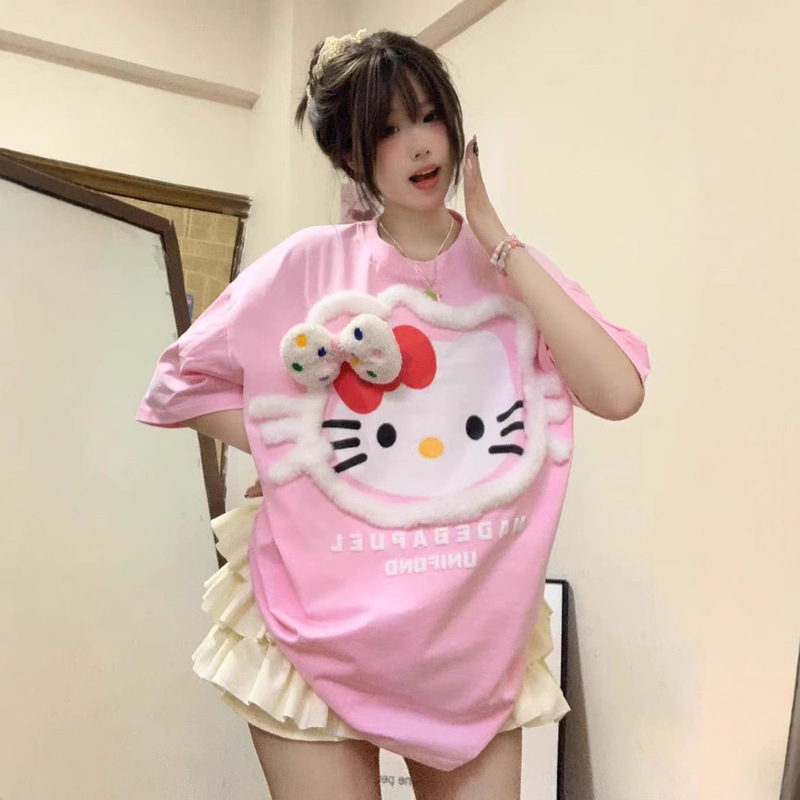 Internet Celebrity Same Style HelloKitty Cute Flocking Short-sleeved T-shirt Loose Design Bow Couple's Trendy Summer Top