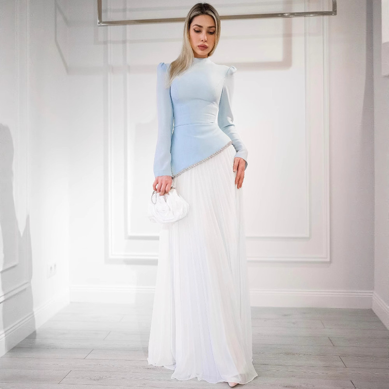 2025 Spring Cross-Border European and American Women's Fashion Independent Site Amazon Elegant Chiffon Beaded Pleated Evening Dress