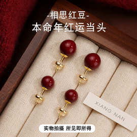 喜饰银匠 999足银朱砂耳钉女秋冬高级感红色耳环2025新款爆款耳饰