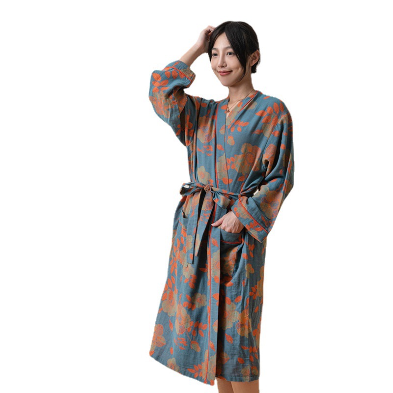 Algodón de doble capa de hilo pijamas ropa para el hogar bata de baño gasa suave agradable a la piel pareja Camisón de algodón Ropa para el hogar de las mujeres