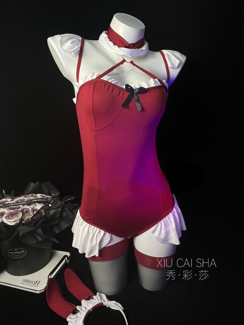 Bunny Girl Christmas Costume Set, Red Polyester Uniform-Style Lingerie, One Size — detail image 15