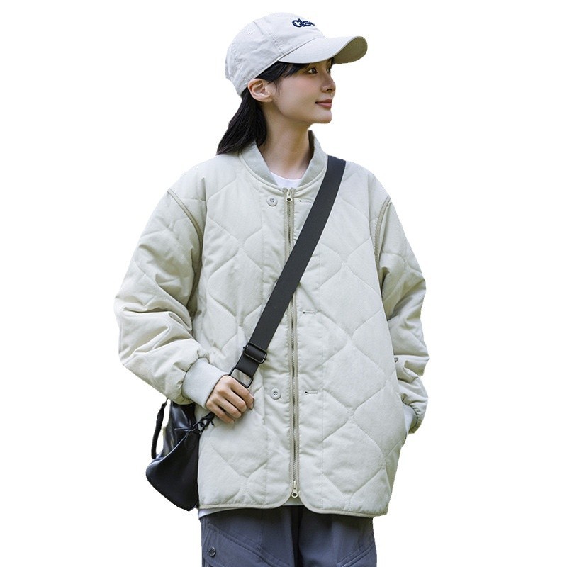 황야 공간 GRASS SPACE 일본식 레트로 다이아몬드 플레이드 코튼 패딩 코트 여자 겨울 경량 야구 면 패딩 코트