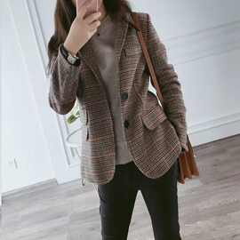 毛呢格子小西装外套女2025春秋短款韩版大码复古女士
