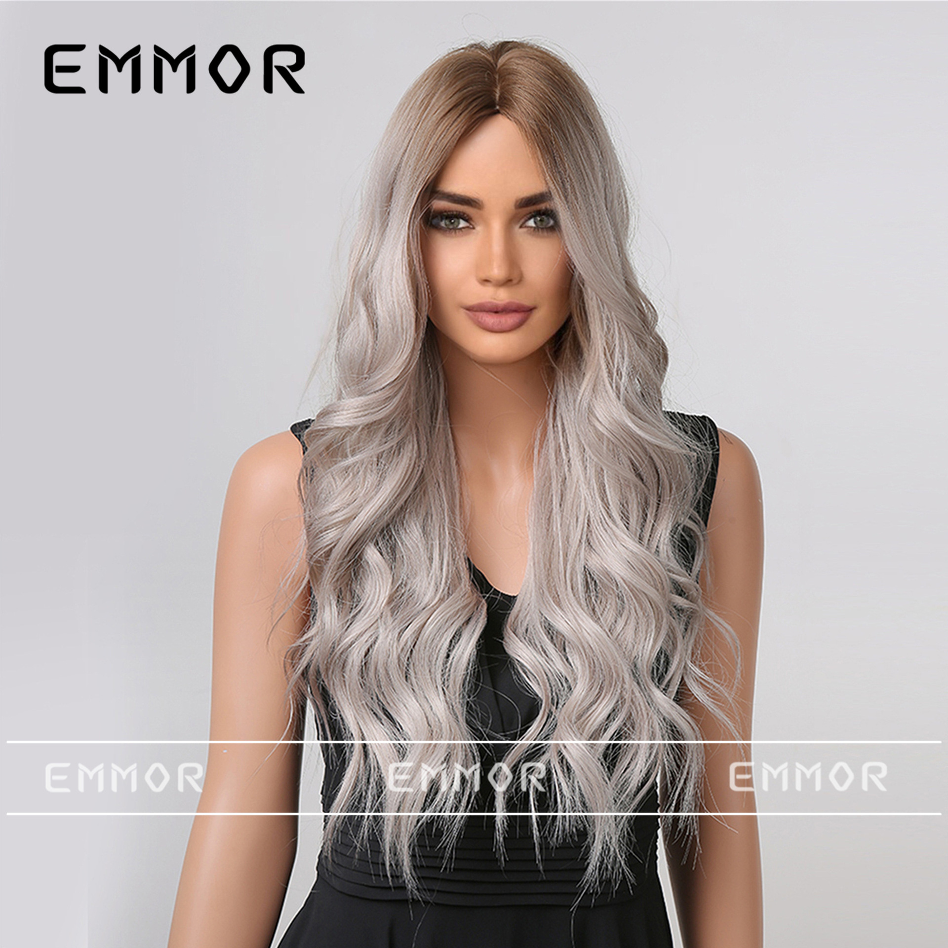 Nueva peluca europea y americana de las mujeres de pelo largo onda grande pelo rizado moda medio gradiente gris blanco cabeza completa peluca pelucas