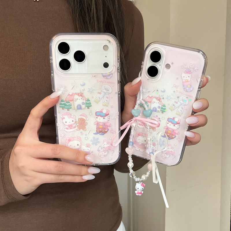 Winter Pink Gradient House Skiing Cat Phone Case for iPhone 17 Apple 16 Pro Max/15/14 for Women