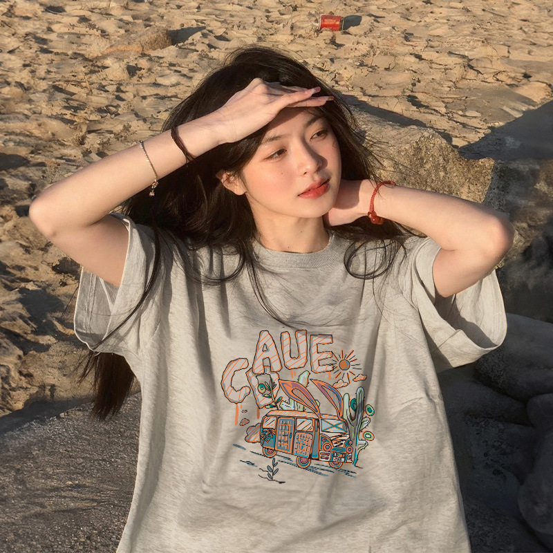 American Style Retro Letter Printing Pure Cotton Short-sleeved T-shirt Women's Sweet Girl Summer Design Sense Loose plus size Casual Top