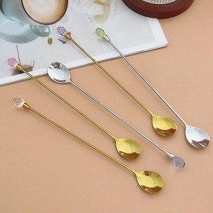 New Crystal Diamond Stainless Steel Mixing Spoon Coffee Dessert Spoon Long Handle Juice Hot Drink Cocktail Mug Spoon