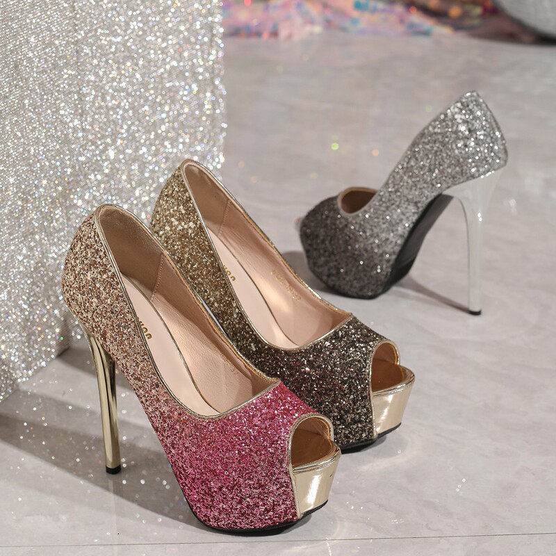 Fashion sequins gradient color trend European and American sexy nightclub peep toe stiletto heel platform high heels 9126-19