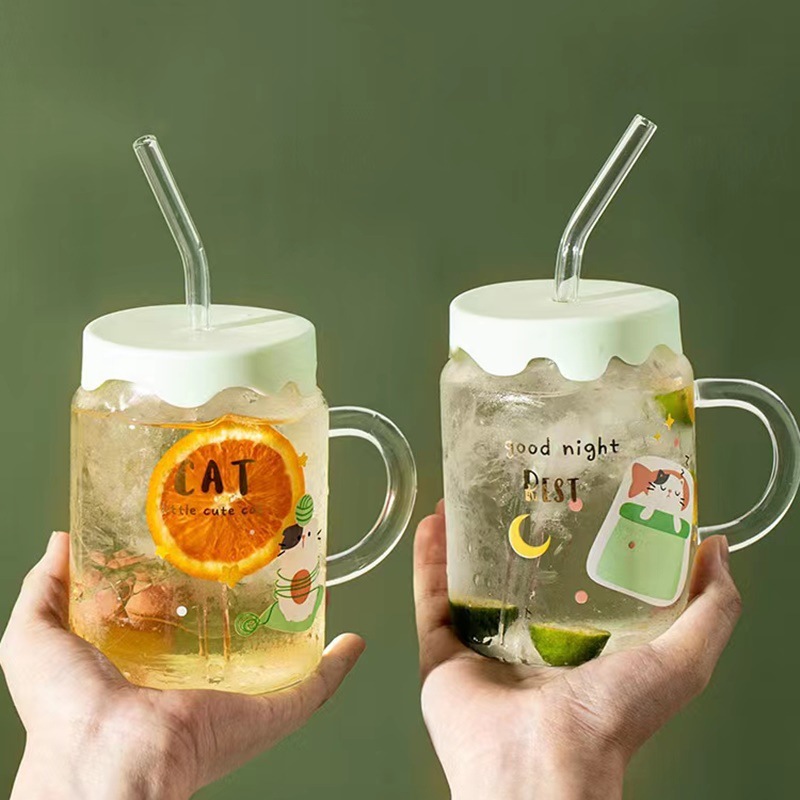 Taza de gato lindo creativo regalo personalizado taza de paja de vidrio taza de consumición fresca taza de dibujos animados de Corea