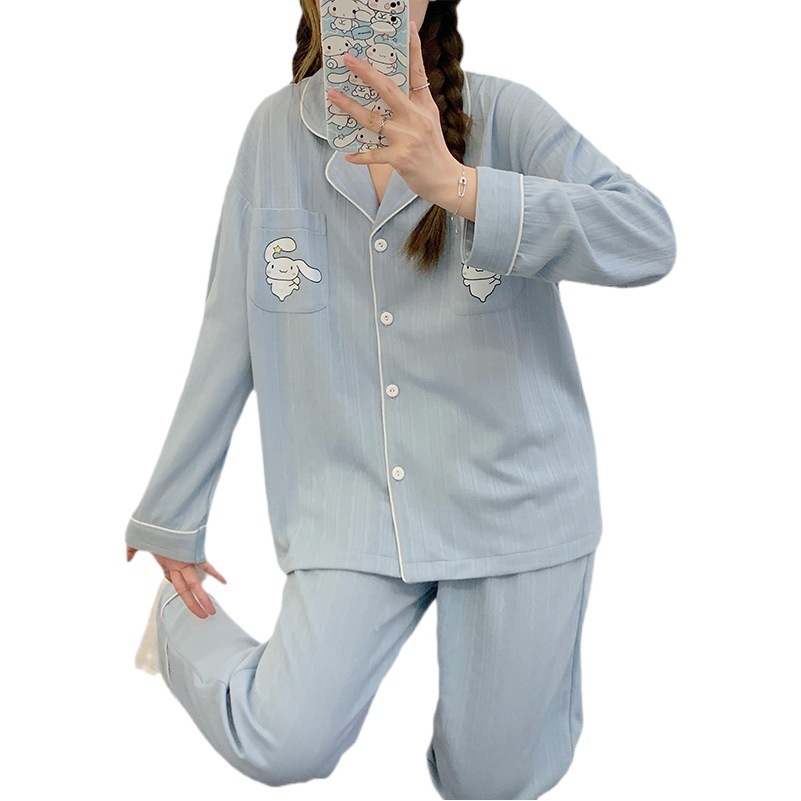 2023 nuevos pijamas azules de alta calidad de las mujeres de algodón jacquard de otoño e invierno de manga larga cardigan linda chica dulce ropa de casa traje