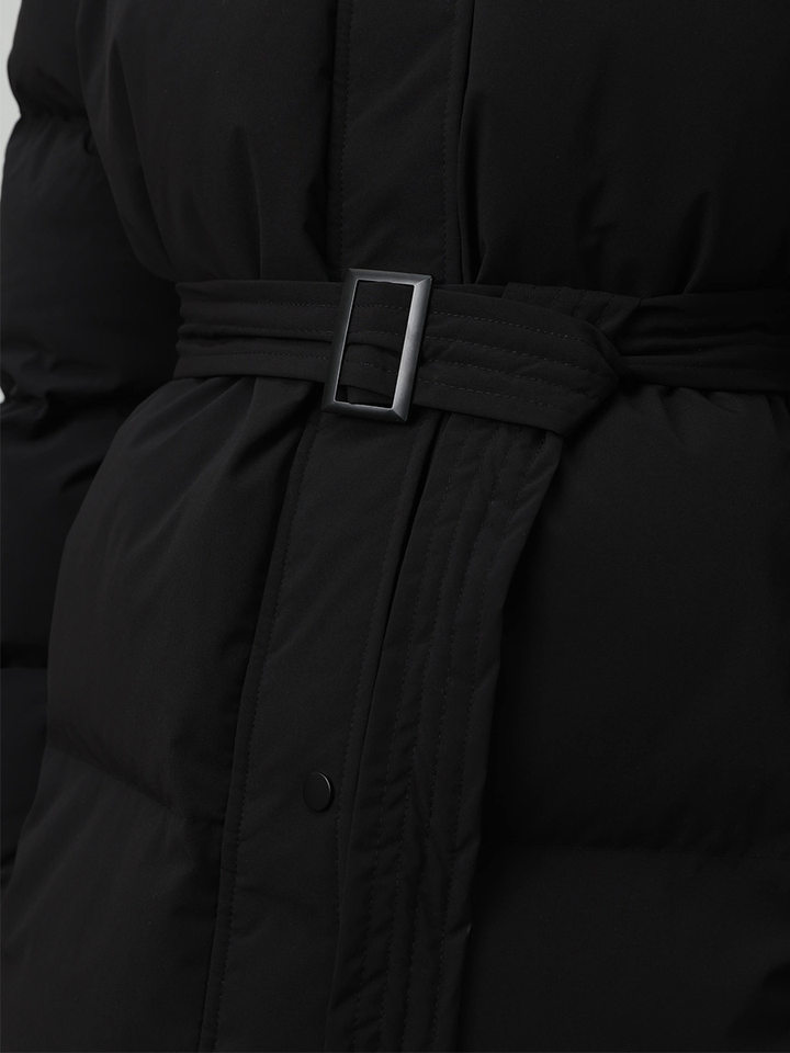Áo khoác bông nữ có mũ, khóa kéo, thắt eo dáng ôm, dài trung bình, chất liệu polyester dày — màu nâu, màu đen, quả mơ chi tiết 35