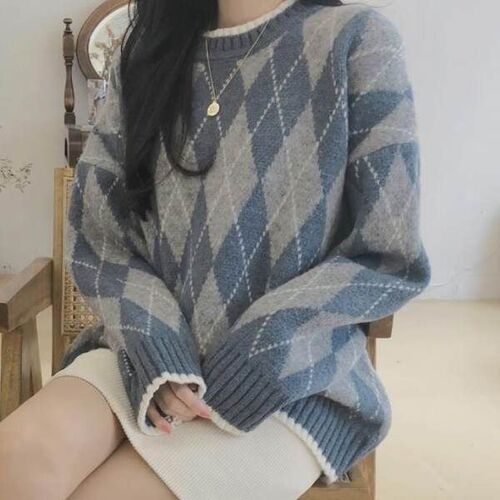 6161 #winter new style diamond-plaid knitted base shirt, long-sleeved wool clothes, female students 'warm sweater