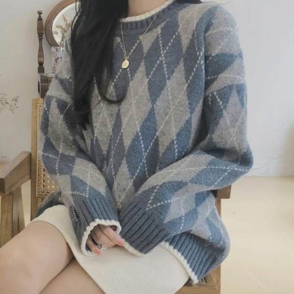 6161 # Winter New Style Rhombus Plaid Knitted Bottoming Shirt Long-Sleeved Wool Top for Female Students Warm Sweater 6161 # Winter New Style Rhombus Plaid Knitted Bottoming Shirt Long-Sleeved Wool Top for Female Students Warm Sweater
