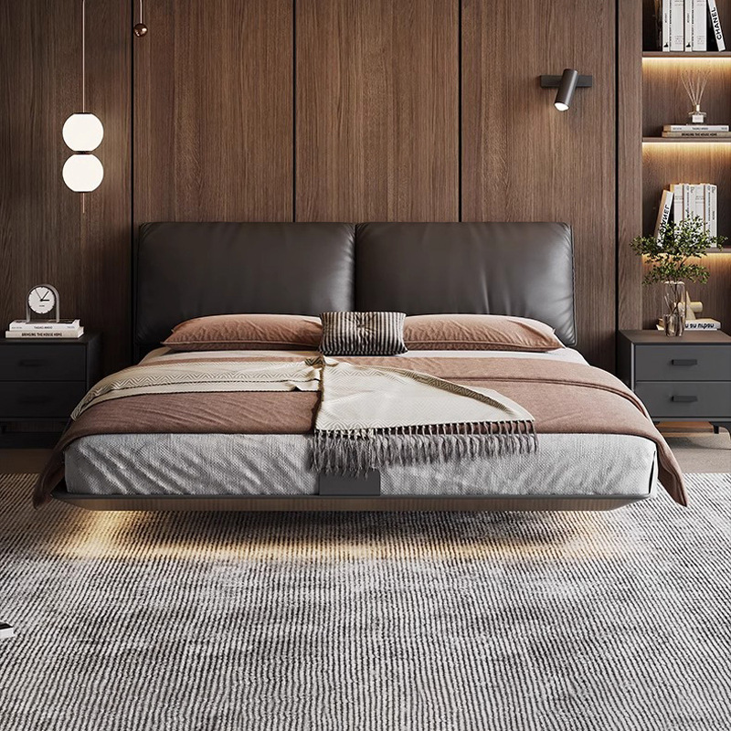 Elefante Ear Marco de acero Cama suspendida Cama de cuero minimalista italiano Cama principal de 1,8 m Cama blanda Cama de acero al carbono Negro