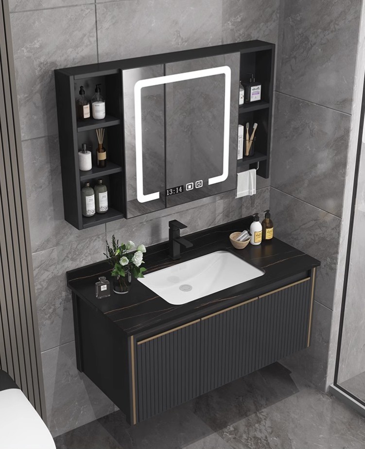 Engrosado espacio gabinete de baño de aluminio baño lavabo gabinete combinación cerámica integrado inodoro lavabo