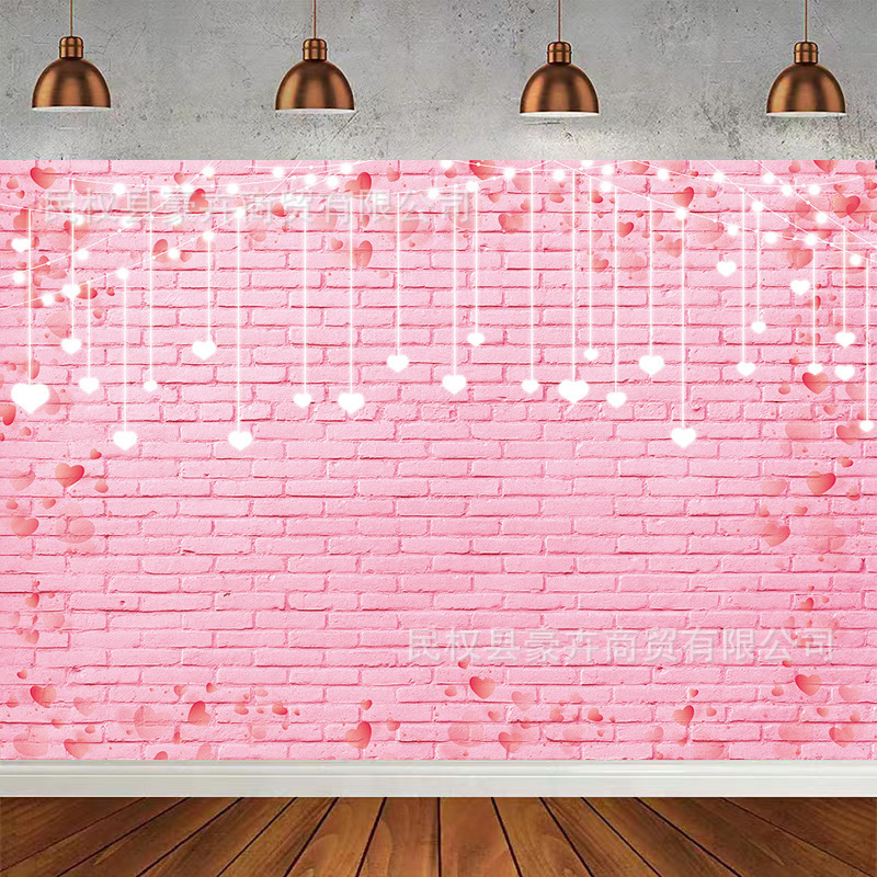 Foreign Trade Amazon Valentine's Day Pink Love Brick Wall Photography Background Cloth Valentine's Day Holiday Party Banner Hanging Cloth