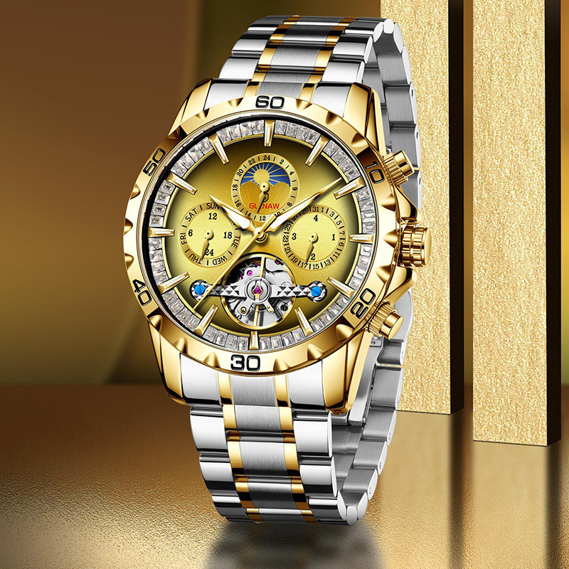 Đồng hồ nam cơ tự động Sun Moon Star mặt số lộ máy vỏ vàng — Vỏ vàng bề mặt vàng dần thắt lưng thép vàng