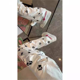 可爱小狗脚印白色裤子女夏季薄款宽松百搭直筒休闲阔腿裤慵懒ins