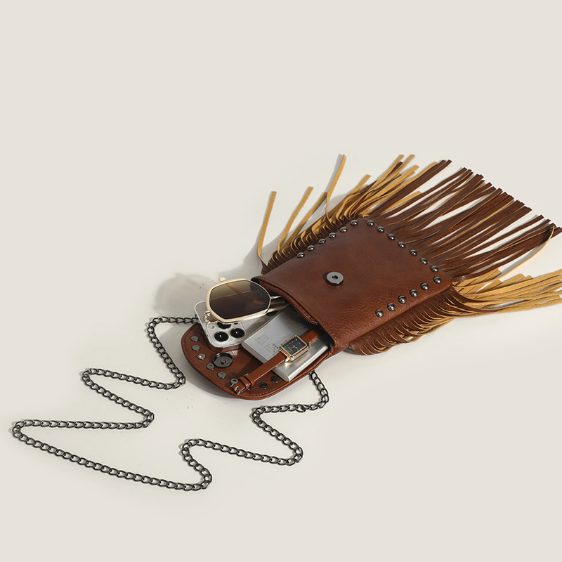 Trendy Fashion European & American Women's Studded Tassel Mini Phone Bag Casual Soft Leather Sweet Cool Biker Style Chain Crossbody Bag - Thumbnail 4