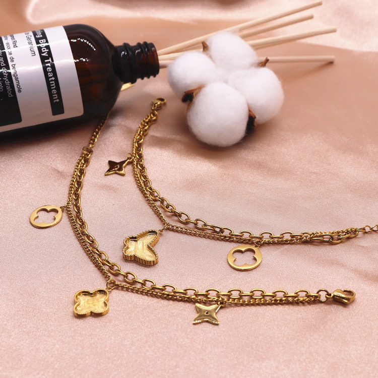 现货轻奢风不锈钢贝壳蝴蝶手链 中古贴皮凹槽手环时尚DIY双层手链