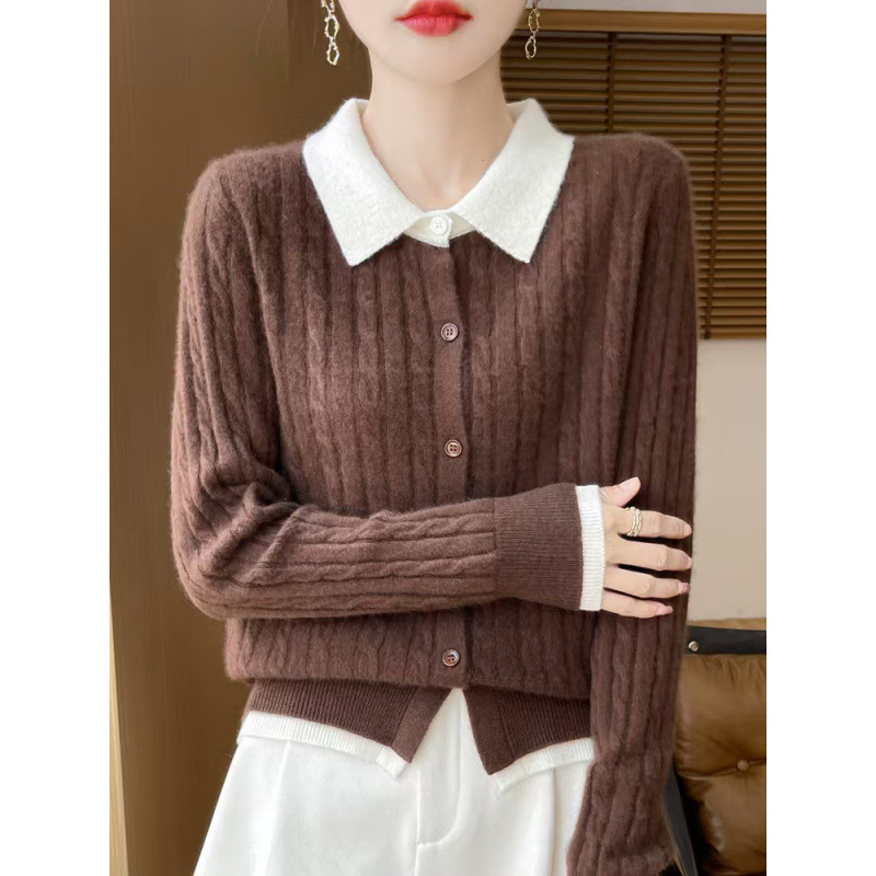 Wholesale Factory Polo Collar Small Twist Short Color-Blocked Knitted Cardigan Women's New Pullover Sweater with Contrasting Color Design