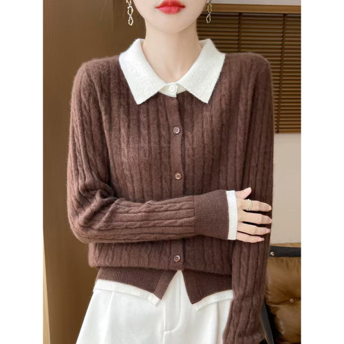 Wholesale factory POLO small corkscrew short sleeve patchwork knit women's new hooded sweater with contrasting color design