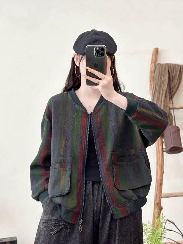 拼色外套 2025秋季新款 时尚宽松显瘦上衣女复古开衫棒球服28112|undefined