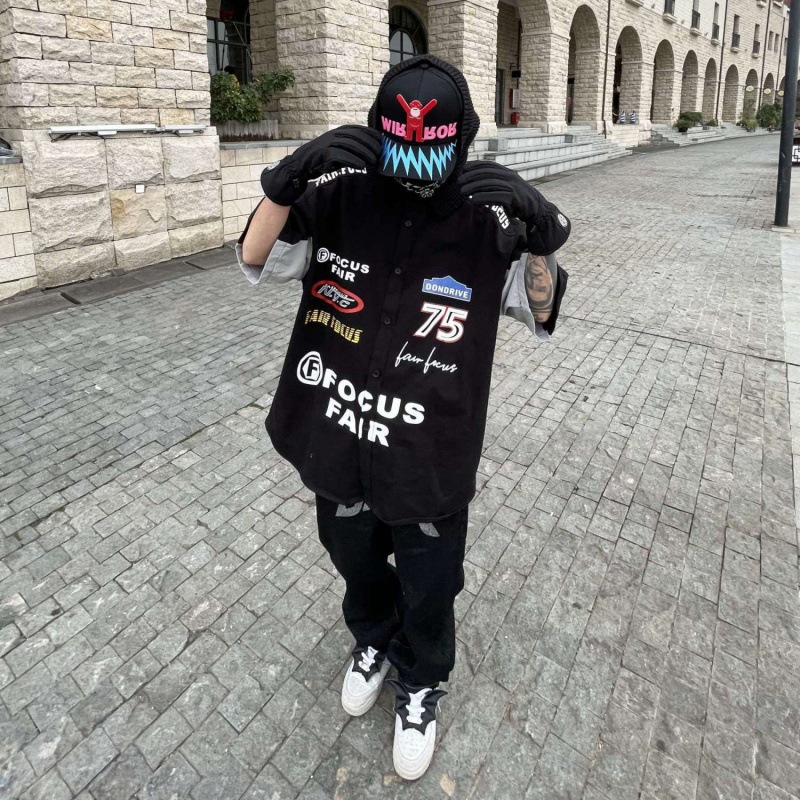 2024SS hip hop retro impresión digital coche de carreras herramientas suelta camisa de manga corta pareja motocicleta camisa de media manga