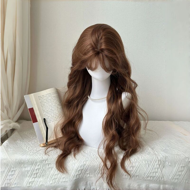 【Caramel Macchiato】Women's Wig with Airy Baby Hair Bangs, Wavy Long Curly Hair, Champagne Brown Full Wig 【Caramel Macchiato】Women's Wig with Airy Baby Hair Bangs, Wavy Long Curly Hair, Champagne Brown Full Wig
