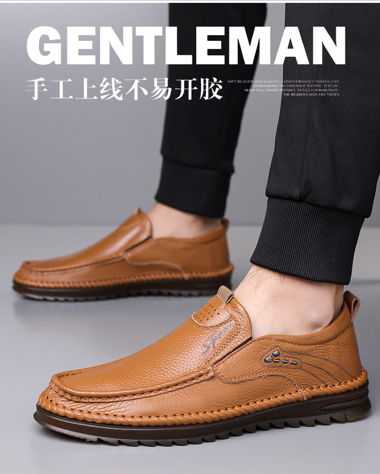 Giày lười nam da bò lớp đầu mềm, đế bằng chống trượt, form rộng cỡ lớn — Kaki, Màu trắng, Màu đen chi tiết 5