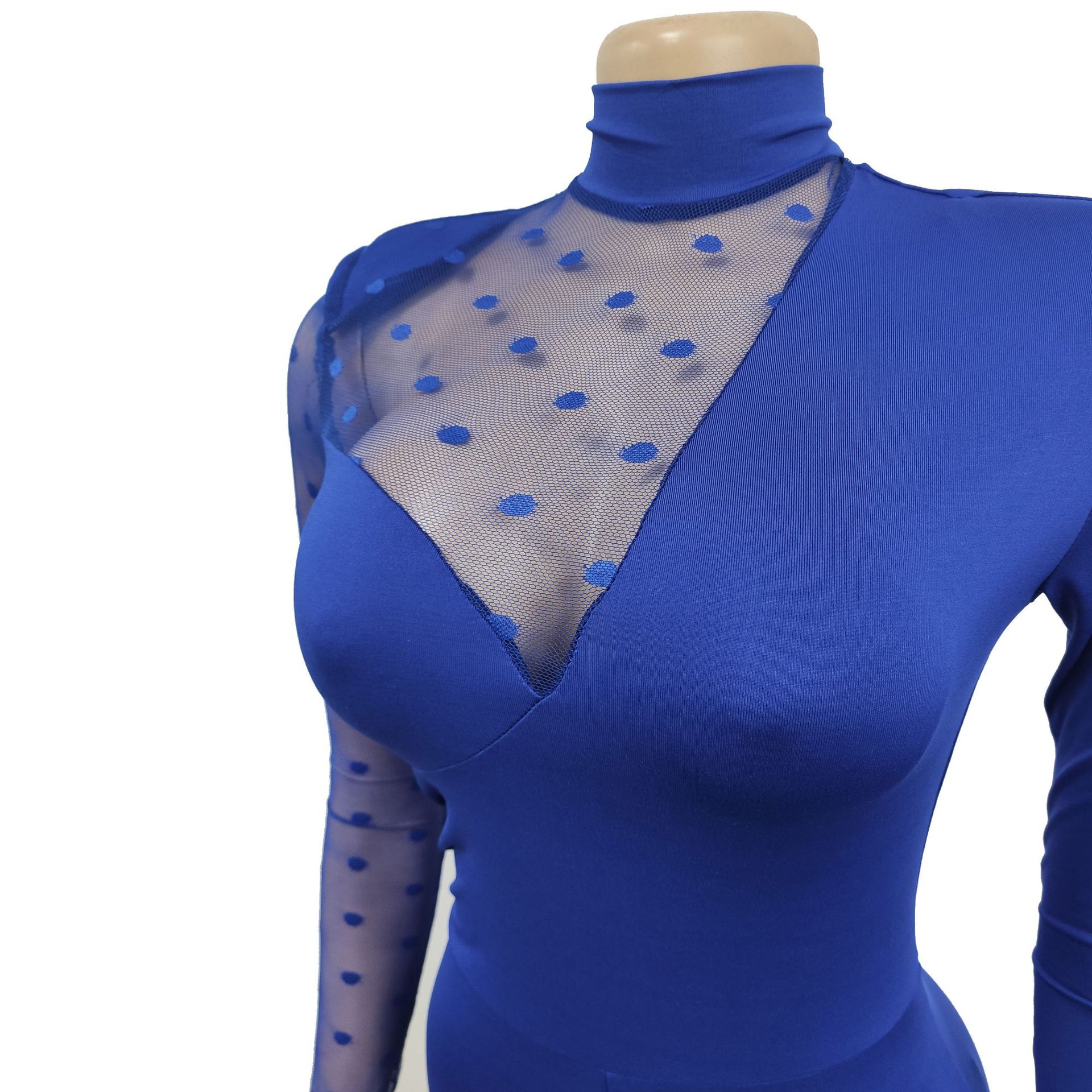 Women's Clothing fashion women's polka dot mesh see-through long-sleeved trousers solid color jumpsuit_voghion.com