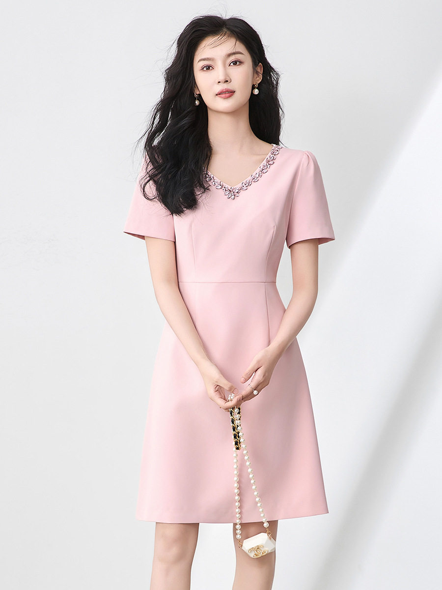 Váy liền thắt eo ngắn tay cổ chữ V đính kim cương kiểu Pháp chất lượng cao — Màu đen