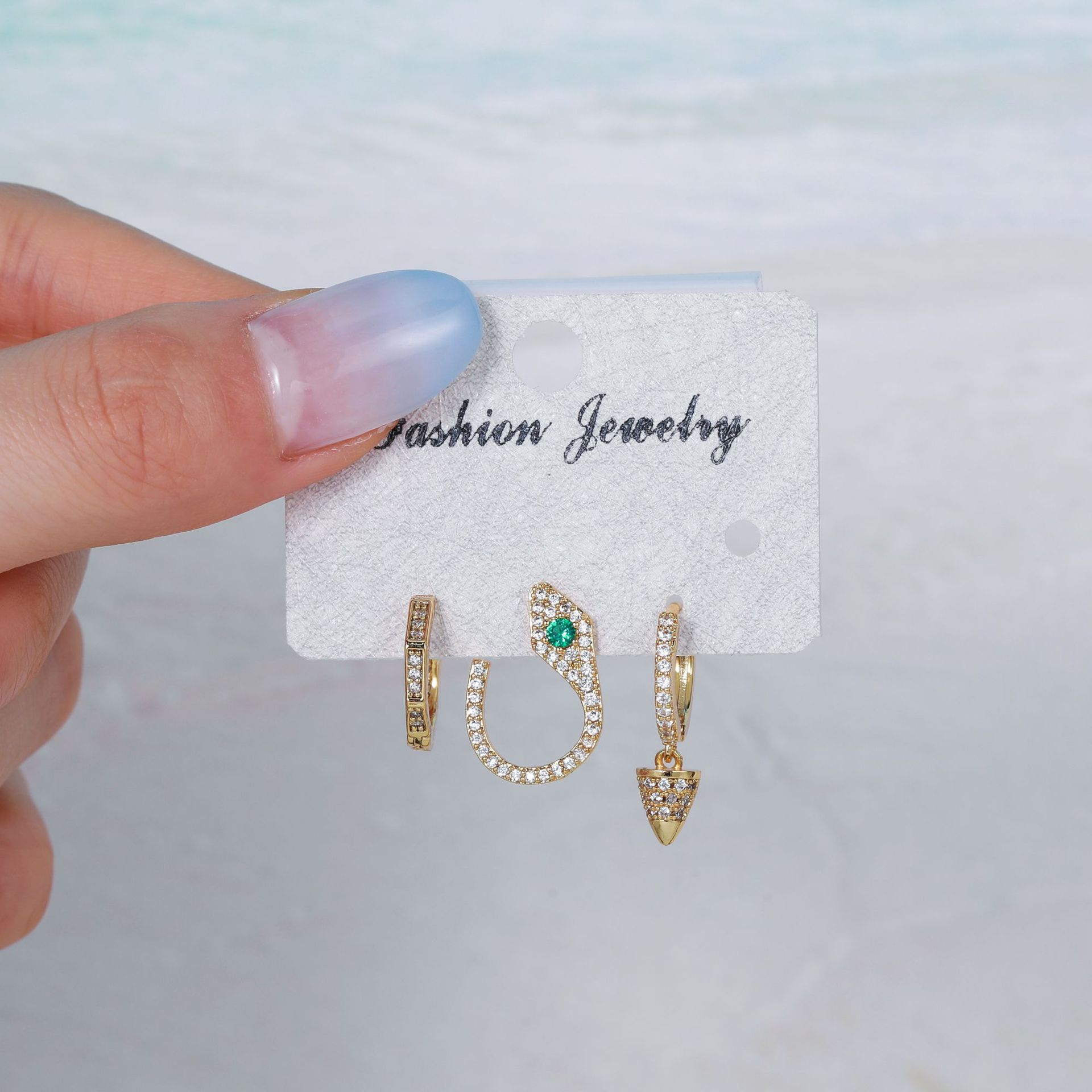 18K Gold Micro Inlaid Zircon Three-Piece Earrings Set
