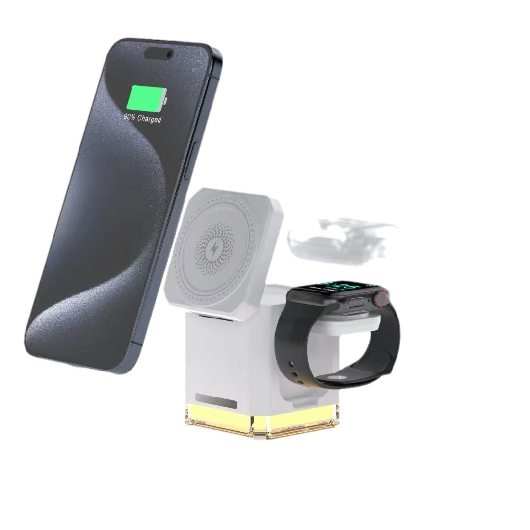 Cargador inalámbrico cuatro en uno con succión magnética plegable, teléfono móvil portátil, auricular Bluetooth, estante de carga inalámbrico simultáneo