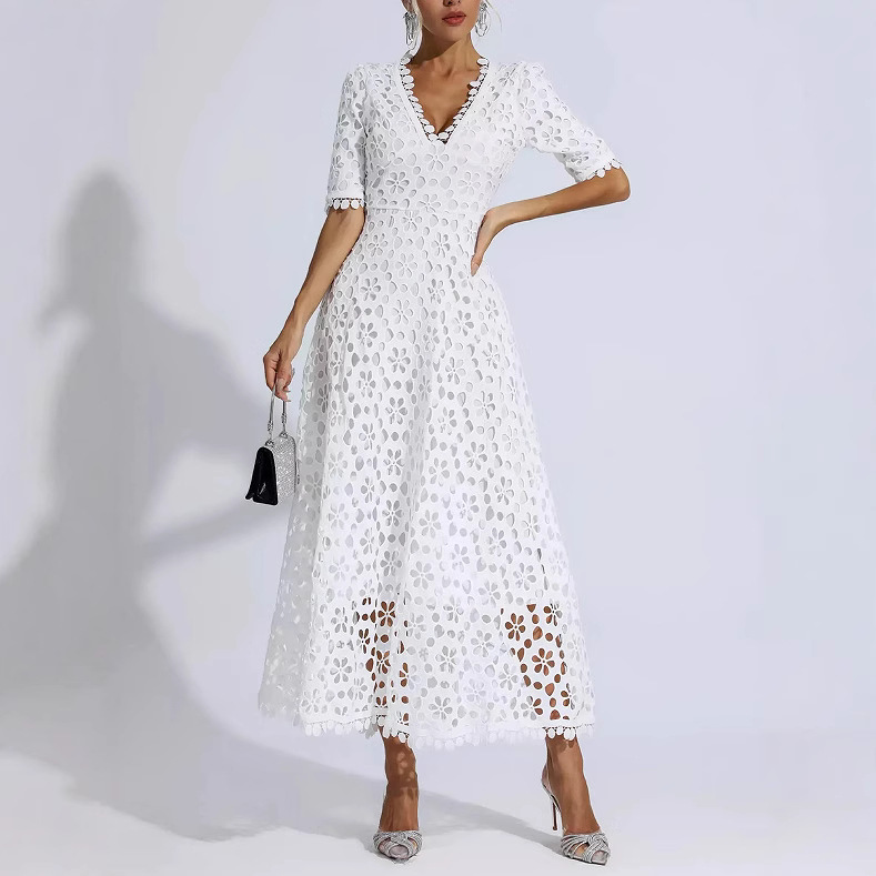 Women's Deep V Neck mid Length Lace Evening Dress Spring/Summer New Arrival European American Style Regular Size_ecoleips.com
