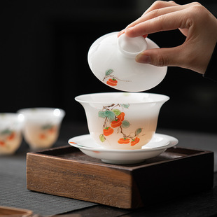 Dehua ice jade porcelain pure hand painted Persimmon Ruyi kung fu tea set gift box gift tea set high-end white porcelain