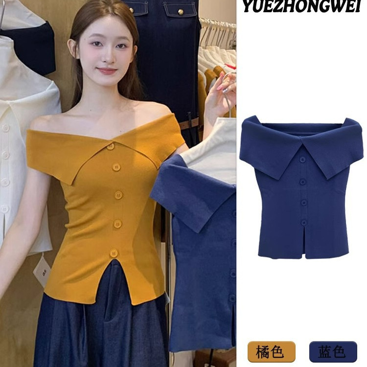 Exclusive Store Return: French-Style Lapel Off-Shoulder Knit Top for Women, Summer New Style, Single-Breasted Slim-Fit Spicy Girl Top