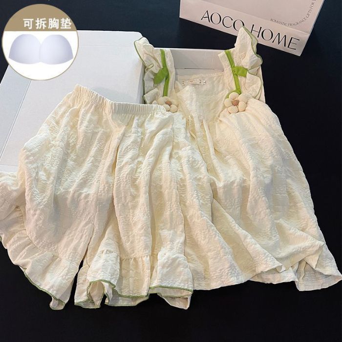 Venta al por mayor transfronteriza de verano con almohadilla para el pecho pijamas de algodón de nube pantalones cortos de manga corta para mujer estilo palacio conejo color sólido traje de servicio a domicilio