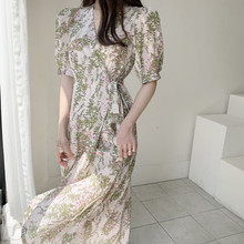 韩国chic复古优雅一片式系带碎花连衣裙女夏新款气质V领雪纺长裙