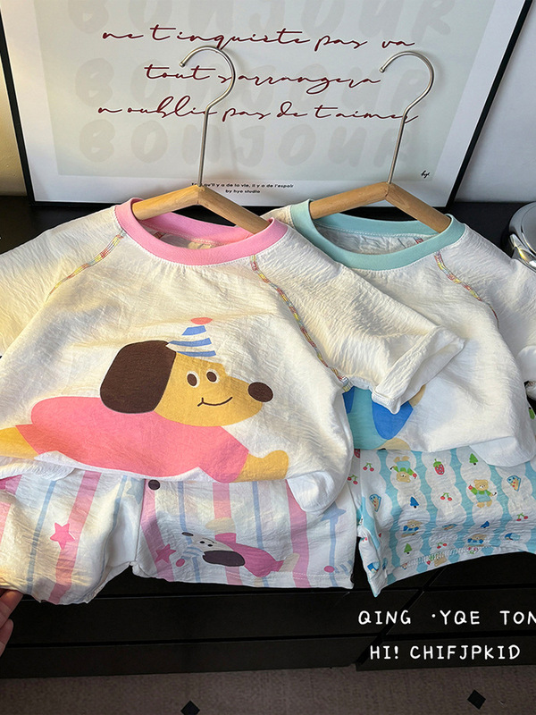 子供の夏のホーム服セット男の子カラーブロッククラウドコットンパジャマ女の赤ちゃん半袖ショーツ薄い空調服|undefined