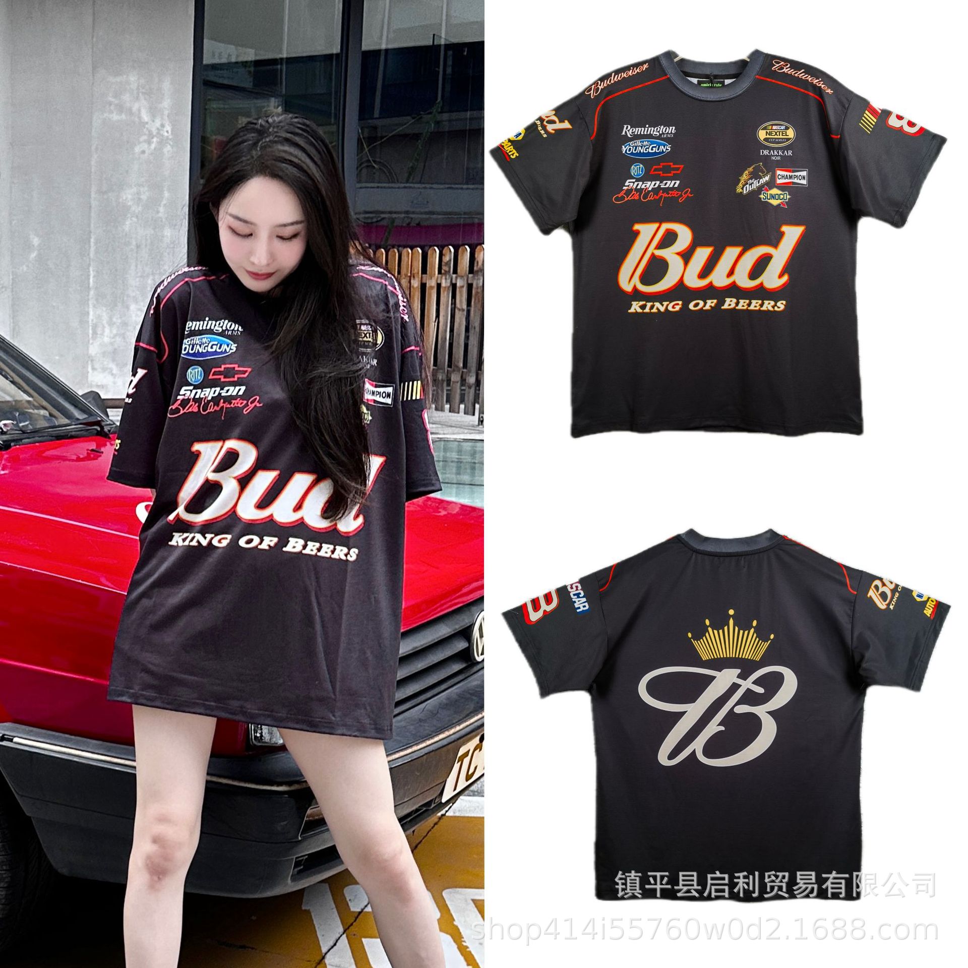 欧美高街潮赛车车服LOGO印花复古赛车机车骑行服男女同款短袖T恤-阿里巴巴