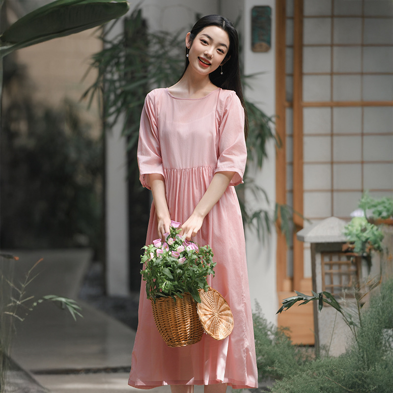 Women's 25 summer new half sleeve round neck dress 100 cotton high waist slimming texture dress a generation of hair