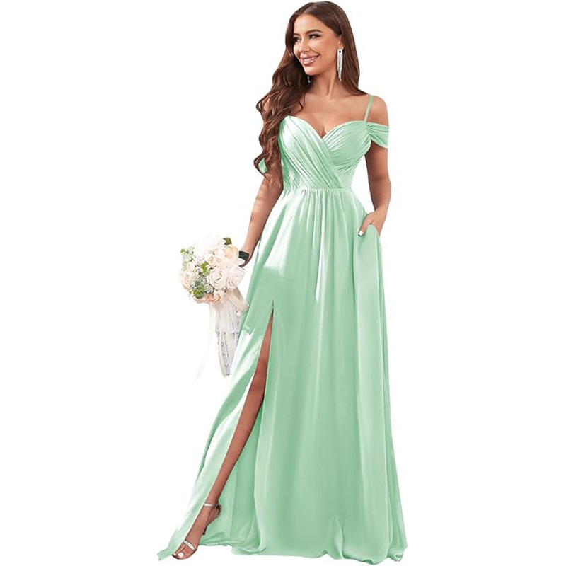 Vestido de noche de un solo hombro sexy europeo y americano, vestido de falda larga de cola de pez de encaje, dama de honor de gasa a nivel de diosa, caída delgada