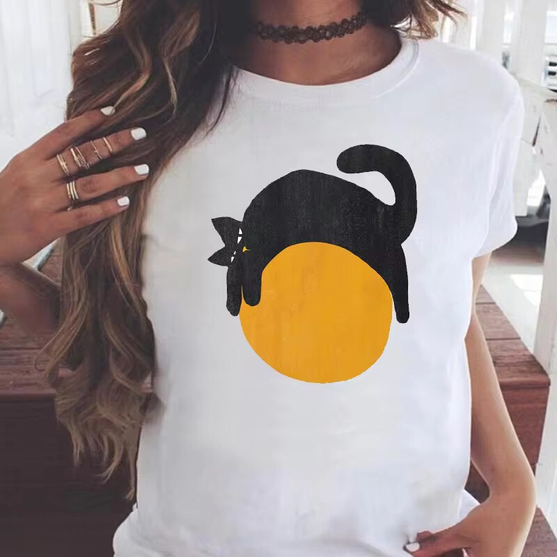 New Women's Fashion Pattern Print 90S Style Short-Sleeve Cat T-Shirt, Summer Fashion Polyester T-Shirt