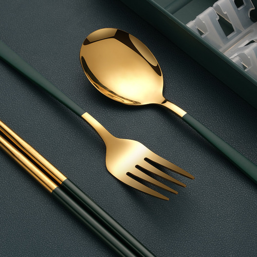 Stainless steel chopsticks spoon fork set Korean portable tableware camping outdoor gift student tableware three-piece set
